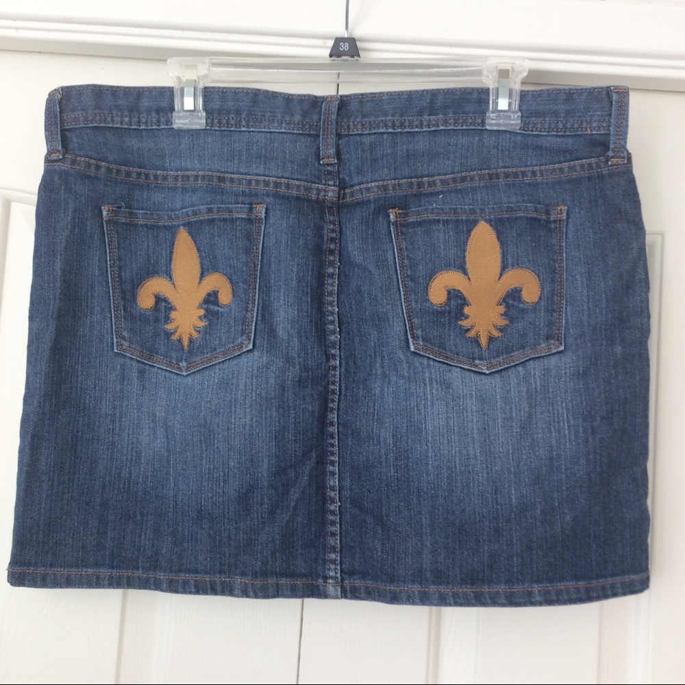 GAP Blue Denim Mini Skirt with Gold Fleur-de-Lis